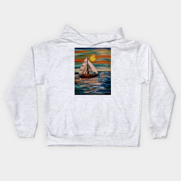 Sailing ship in the open ocean at sunset Kids Hoodie by kkartwork